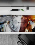 Sci-fi anime desk pad 36x16 inches in cold blues and smoky grays with warm amber hair glow.