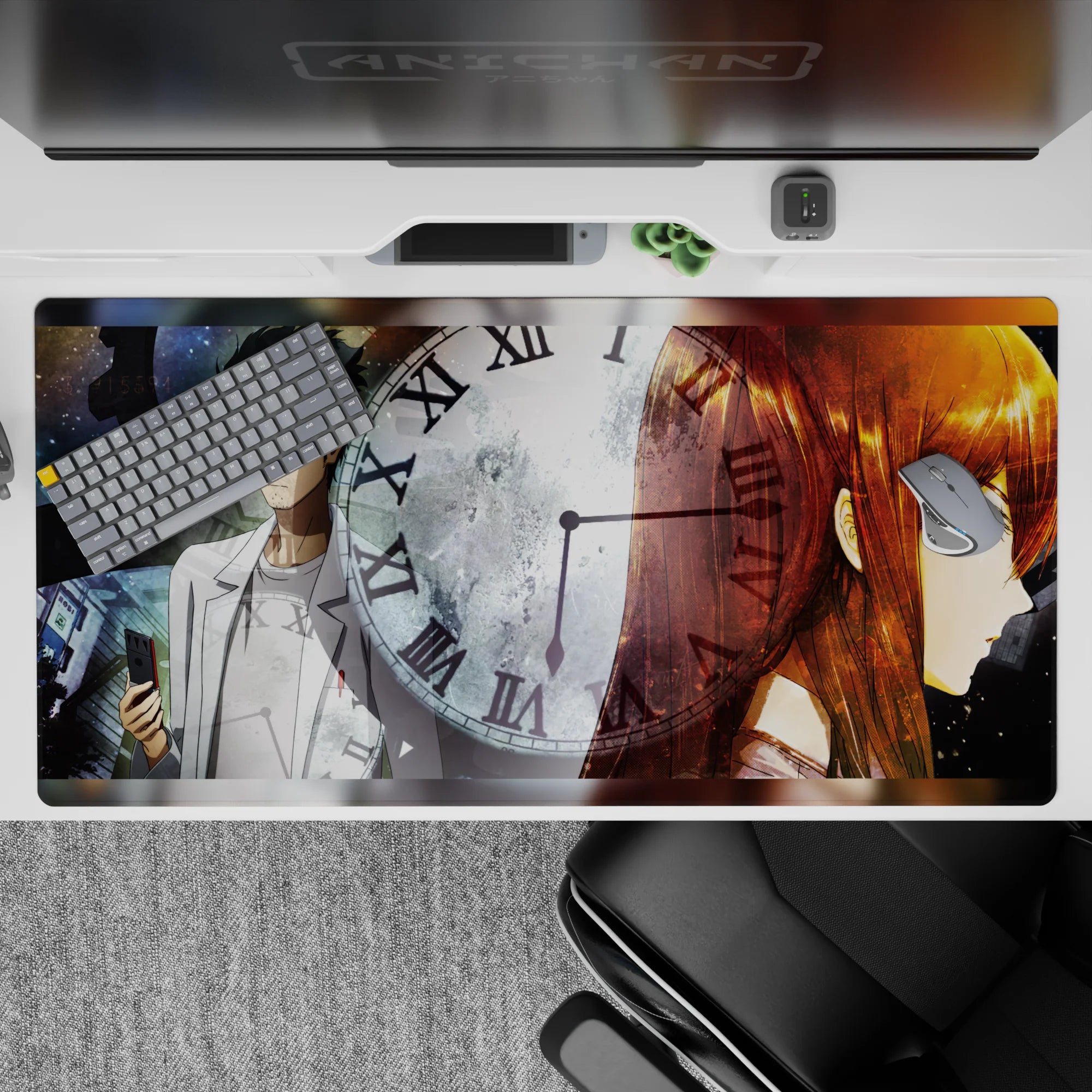 Sci-fi anime desk pad 40x20 inches in cold blues and smoky grays with warm amber highlights, tense mood.
