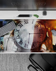 Sci-fi anime desk pad 40x20 inches in cold blues and smoky grays with warm amber highlights, tense mood.