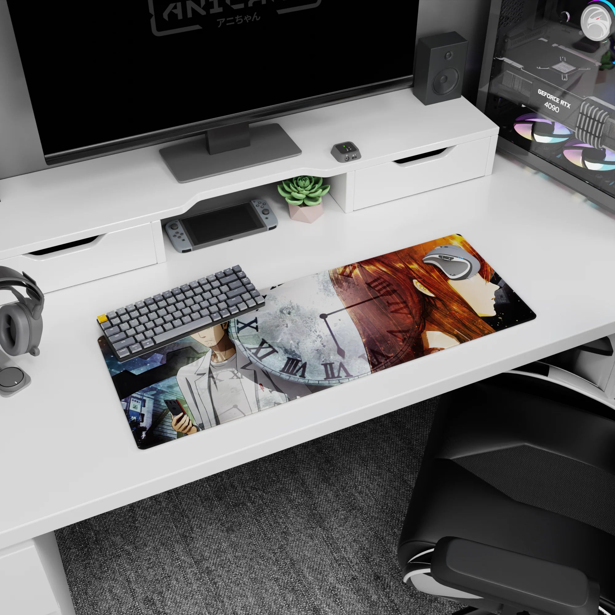 Okabe Rintarou in lab coat with phone beside Kurisu Makise on 32x12 inches anime mouse pad.