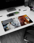 Okabe Rintarou in lab coat with phone and Kurisu Makise facing forward on 32x16 inches mouse pad.