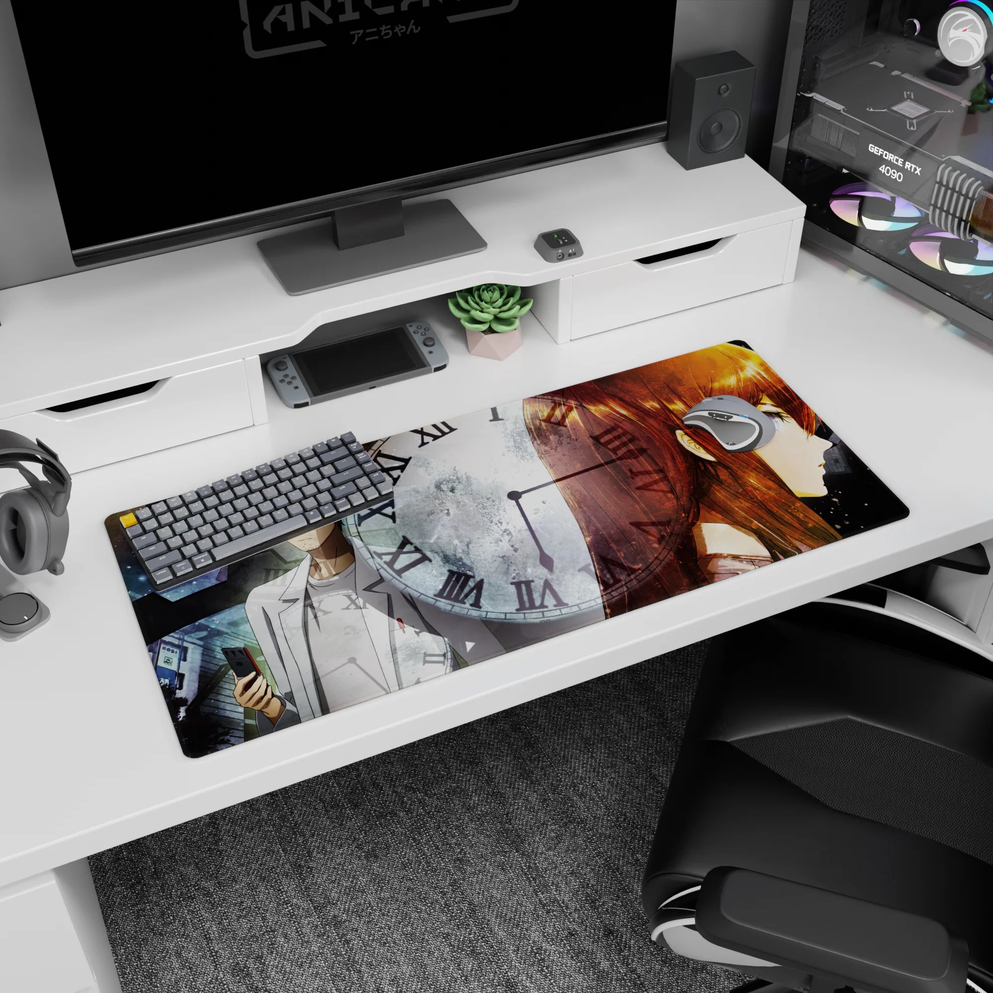 Okabe in lab coat with phone beside Kurisu before a giant clock and gears desk pad 36x16 inches.