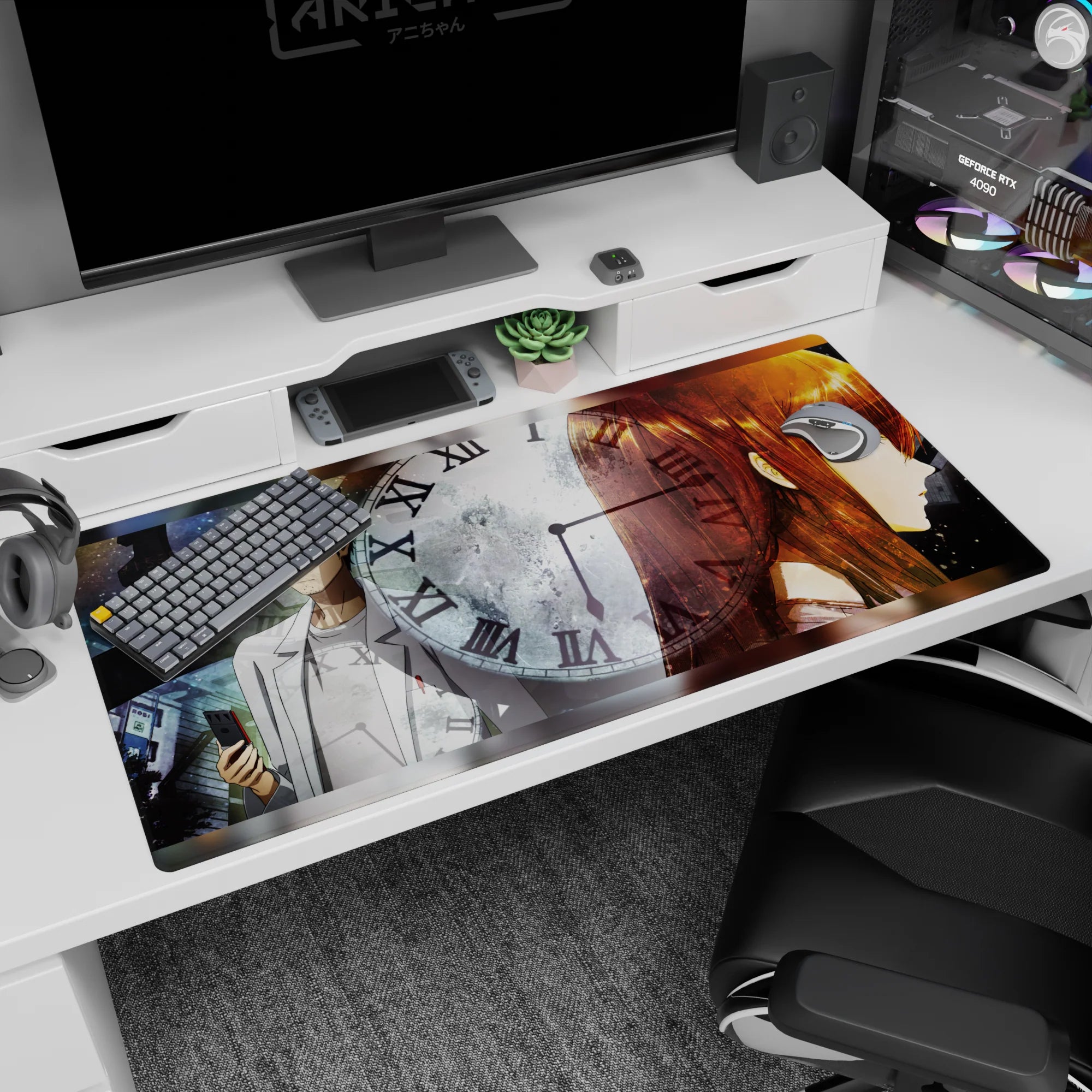 Okabe Rintarou in lab coat with phone beside Kurisu Makise on Steins;Gate desk pad 40x20 inches.