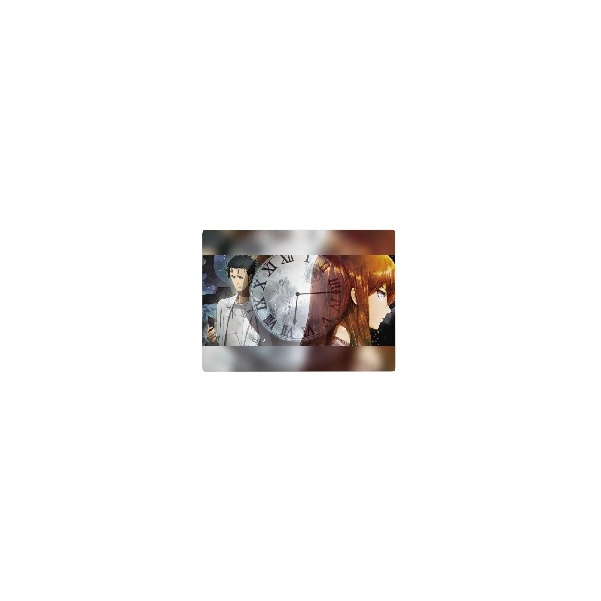 Steins;Gate classic anime mouse pad 14x10 inches with Okabe and Kurisu over clock and gears backdrop.