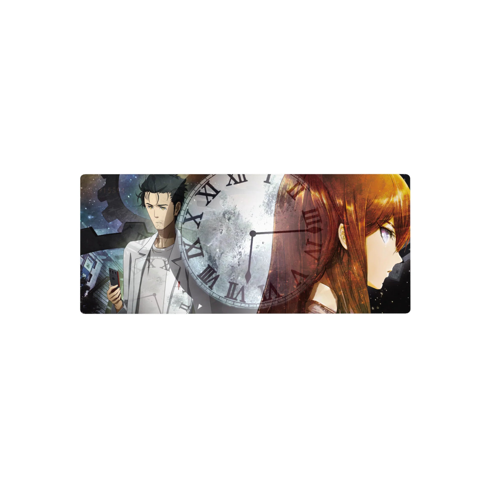 Steins;Gate anime mouse pad 28x12 inches with Roman numeral clock, dark gears, Okabe and Kurisu art.