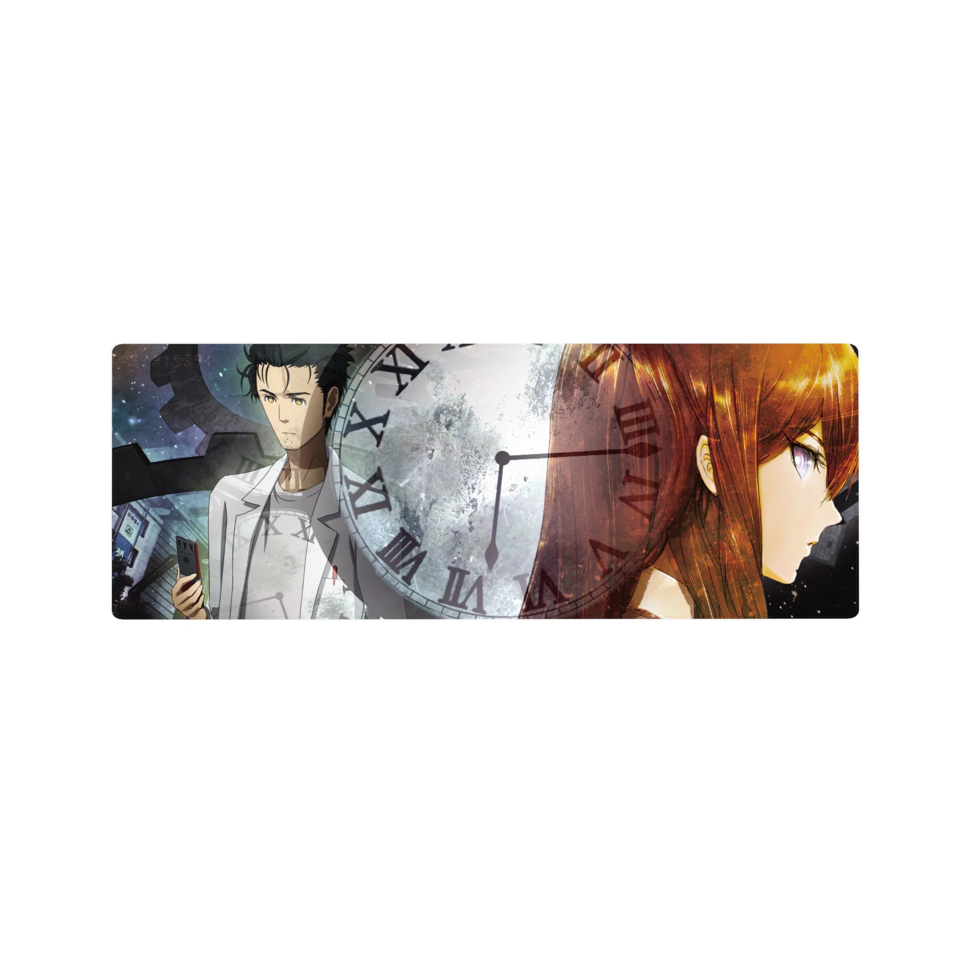 Steins;Gate anime mouse pad 32x12 inches with Roman numeral clock, dark gears, Okabe and Kurisu.