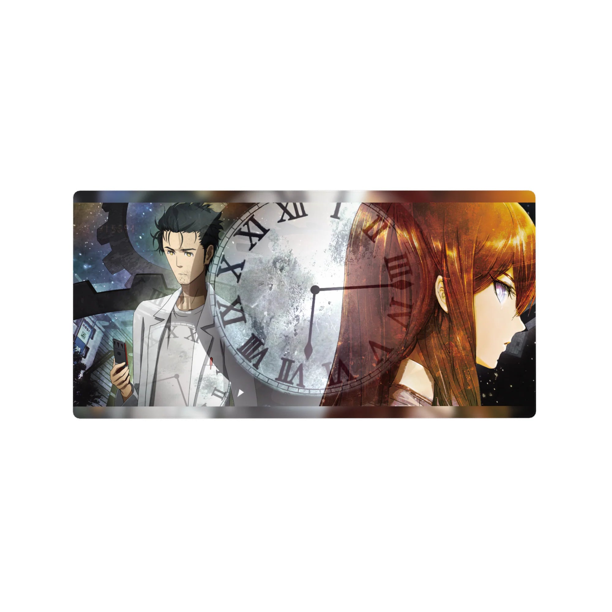 Steins;Gate anime mouse pad 32x16 inches with clock face, dark gears, Okabe and Kurisu artwork.