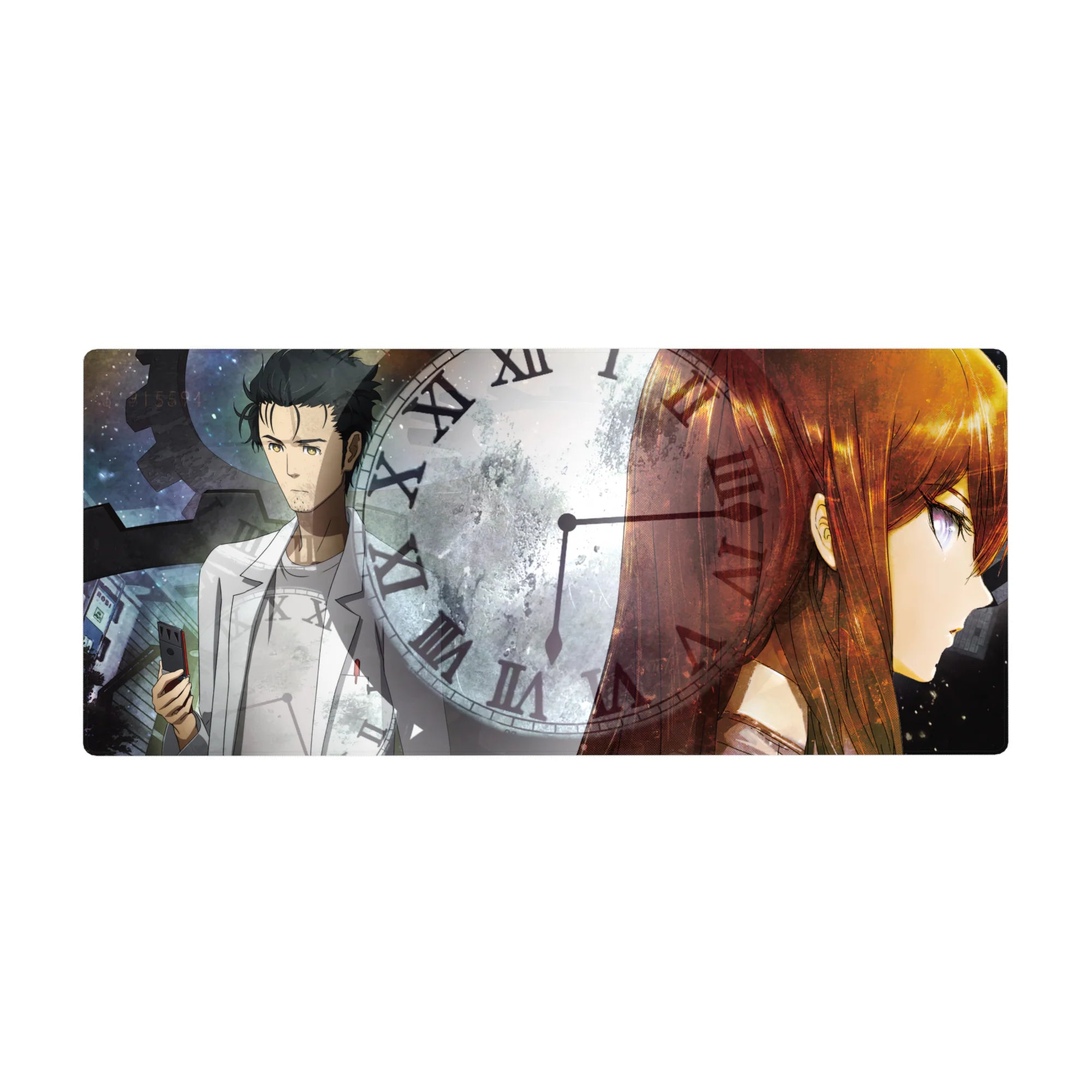 Steins;Gate anime desk pad 36x16 inches with Roman numeral clock, dark gears, Okabe and Kurisu.