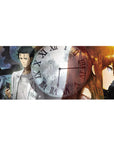 Steins;Gate anime desk pad 36x16 inches with Roman numeral clock, dark gears, Okabe and Kurisu.