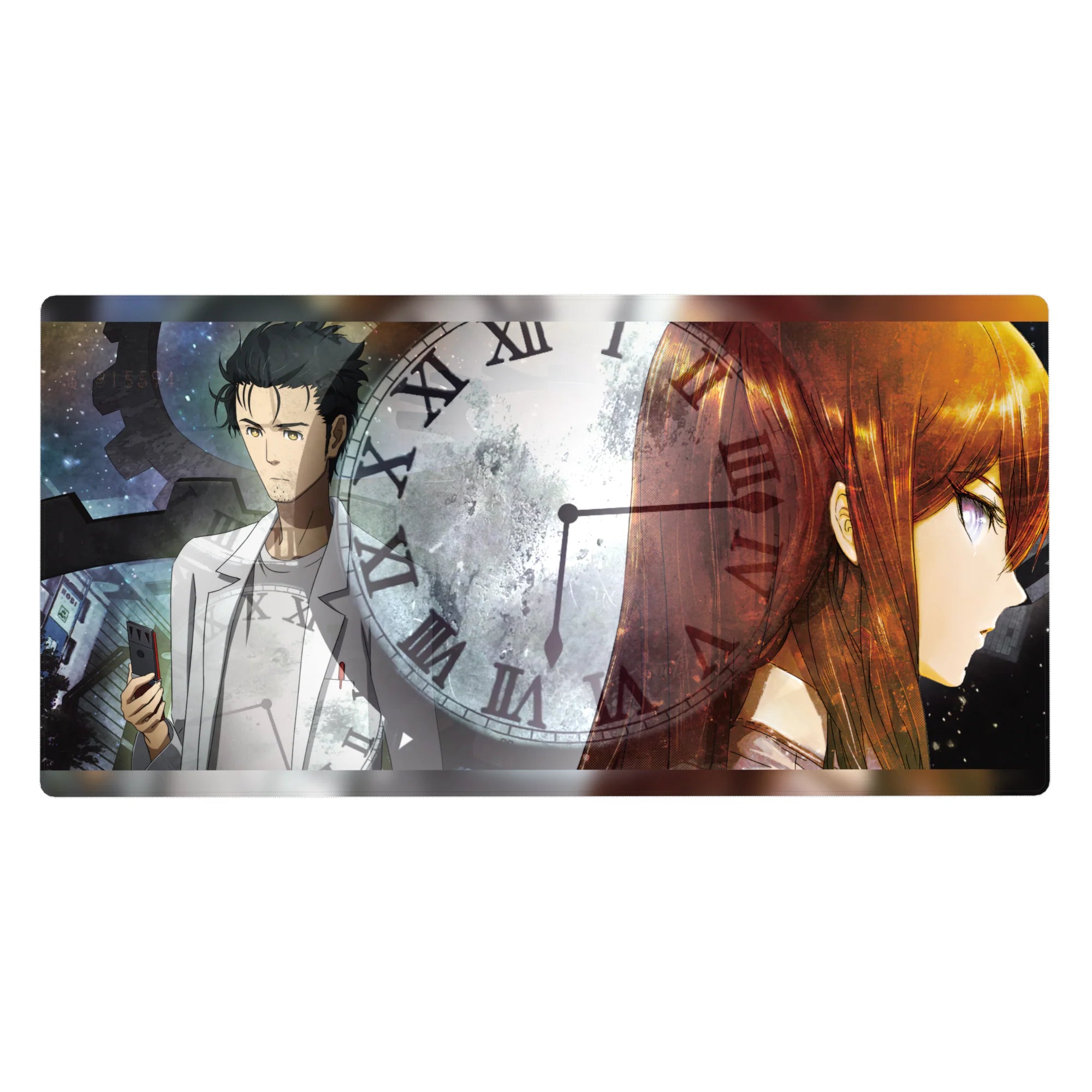Steins;Gate anime desk pad 40x20 inches with Roman numeral clock, dark gears, Okabe and Kurisu art.