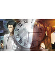 Steins;Gate anime desk pad 40x20 inches with Roman numeral clock, dark gears, Okabe and Kurisu art.