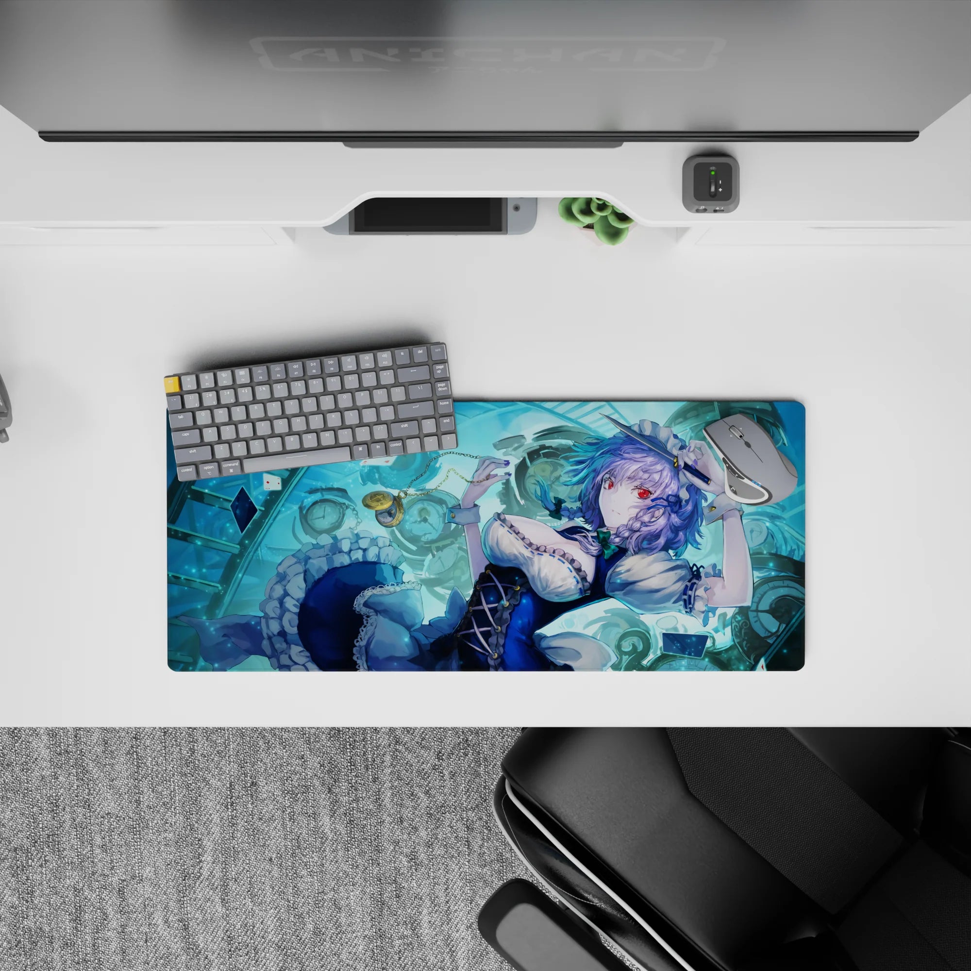 28x12 inches aqua-blue anime mouse pad with calm time-stop vibe, ruby eyes, glossy pocket watch accents.