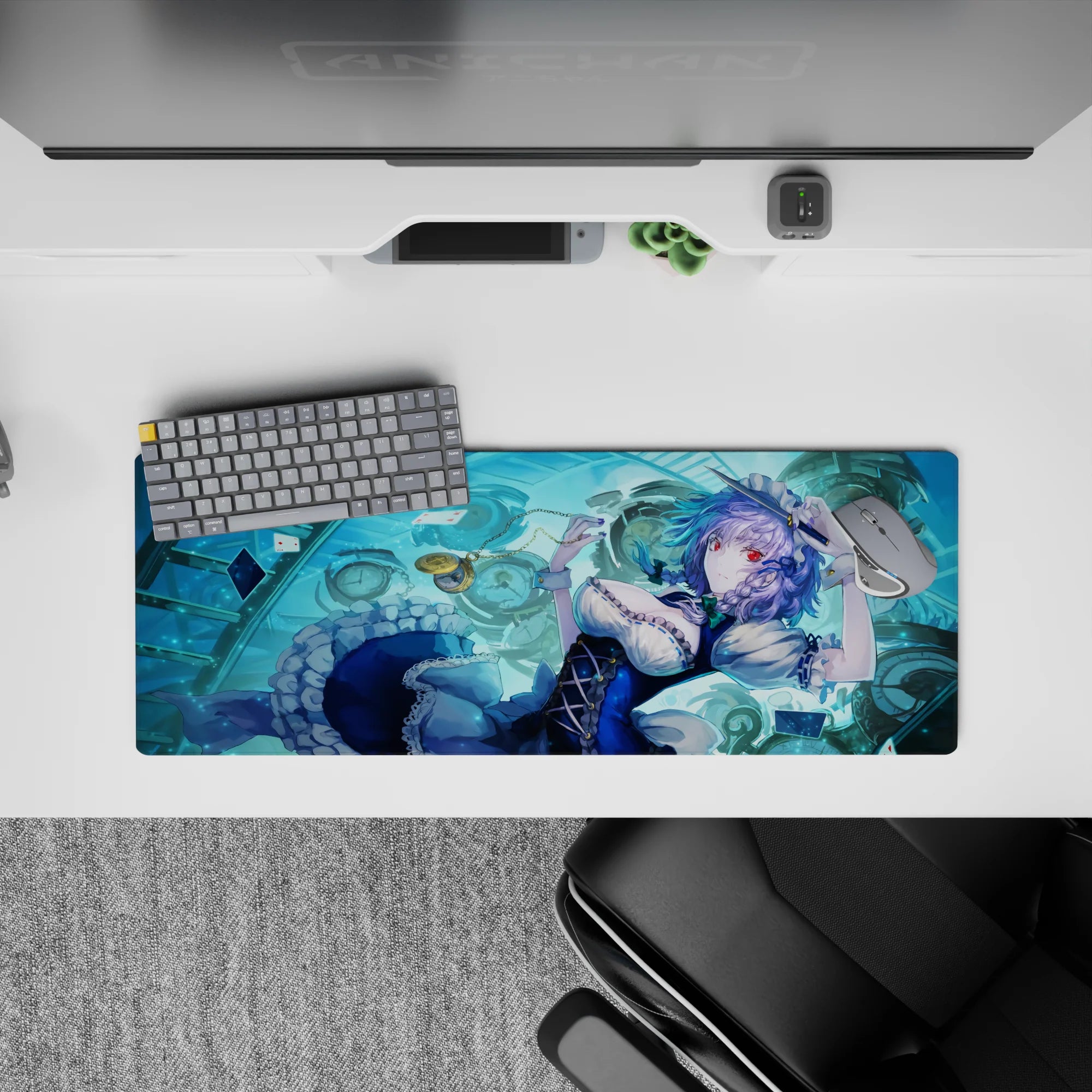 32x12 inches anime desk mouse pad in cool aqua blues with navy dress, white frills, calm dangerous vibe.