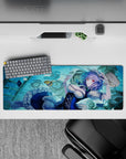 32x12 inches anime desk mouse pad in cool aqua blues with navy dress, white frills, calm dangerous vibe.
