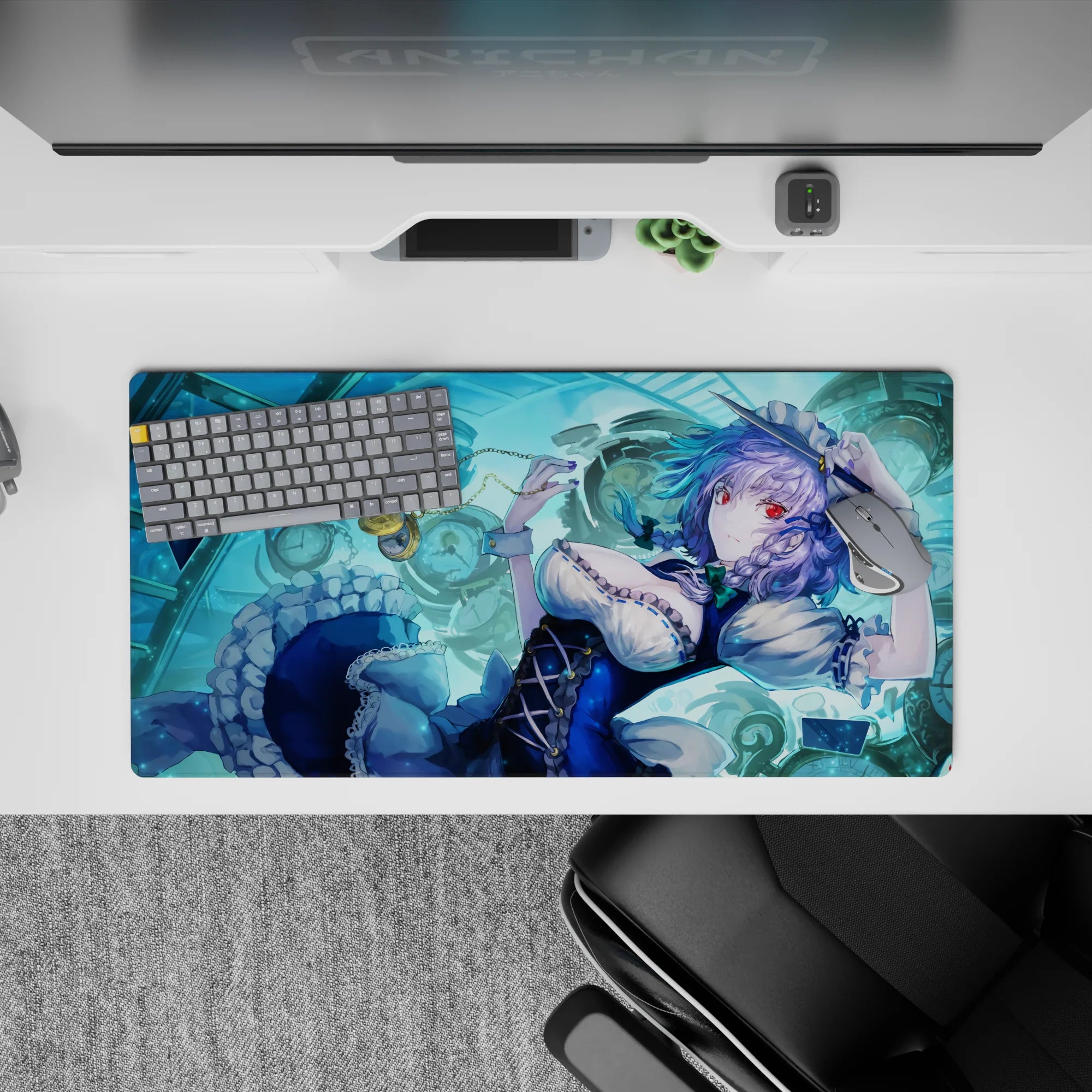 Anime girl mouse pad 32x16 inches in cool aqua blues, navy dress and white frills, calm time-stop mood.