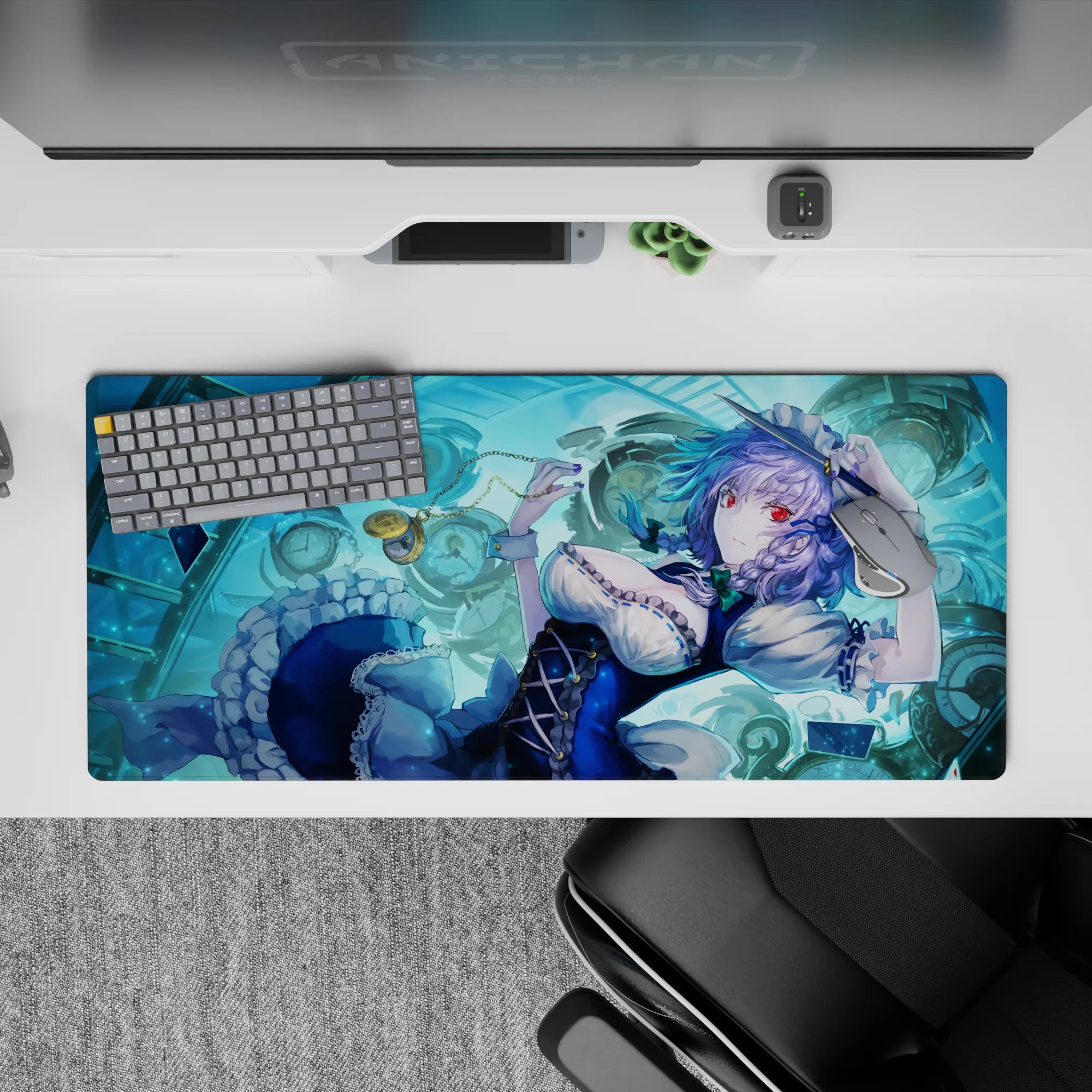36x16 inches aqua blue anime desk pad with calm yet dangerous time-stopping vibe and ruby eyes.