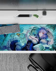 36x16 inches aqua blue anime desk pad with calm yet dangerous time-stopping vibe and ruby eyes.