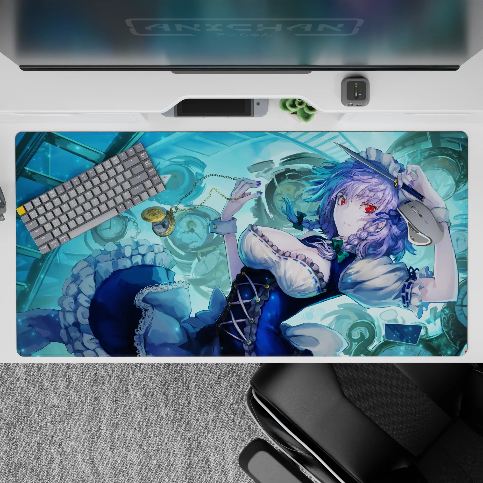 Aqua-blue anime girl desk pad 40x20 inches with calm dangerous vibe, ruby eyes, time-stopping style.