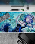 Aqua-blue anime girl desk pad 40x20 inches with calm dangerous vibe, ruby eyes, time-stopping style.