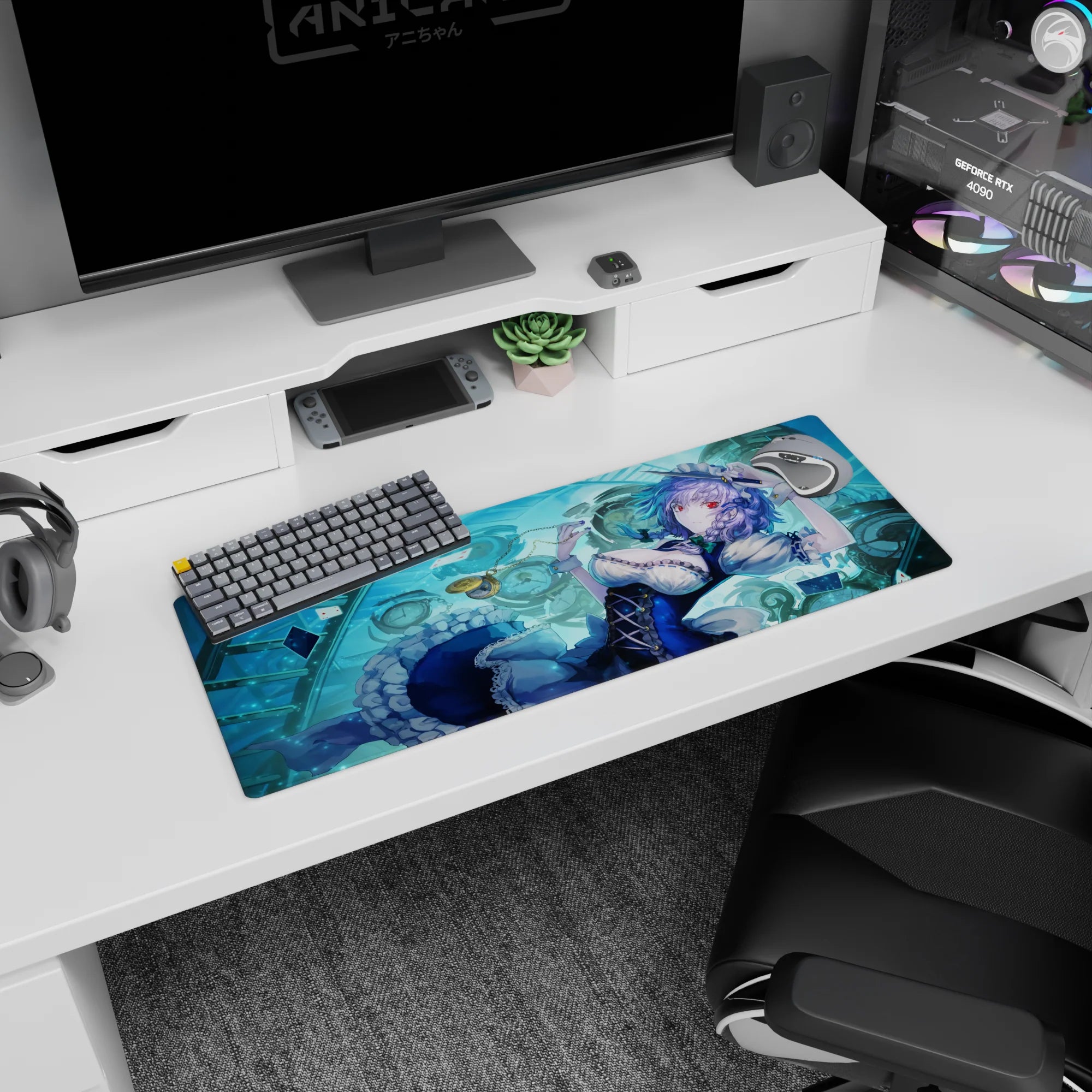 32x12 inches Sakuya Izayoi mouse pad, ruby eyes, pocket watch, surrounded by ticking clocks and cards.