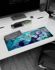 32x12 inches Sakuya Izayoi mouse pad, ruby eyes, pocket watch, surrounded by ticking clocks and cards.