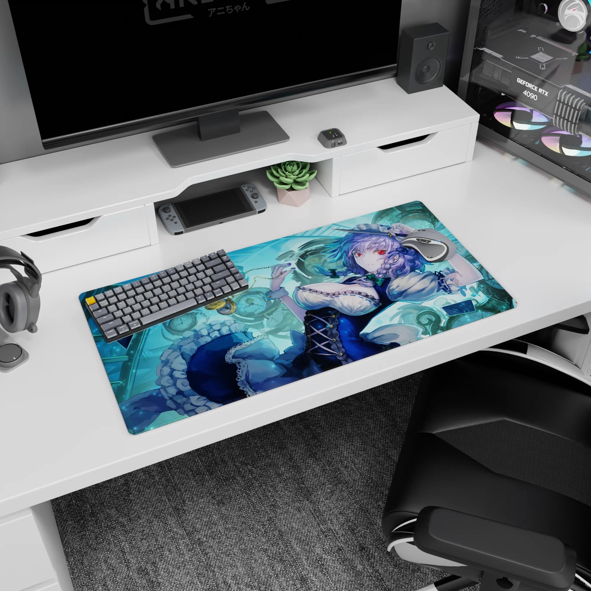 Touhou Sakuya Izayoi anime girl mouse pad 32x16 inches, sprawled among ticking clocks with ruby eyes.