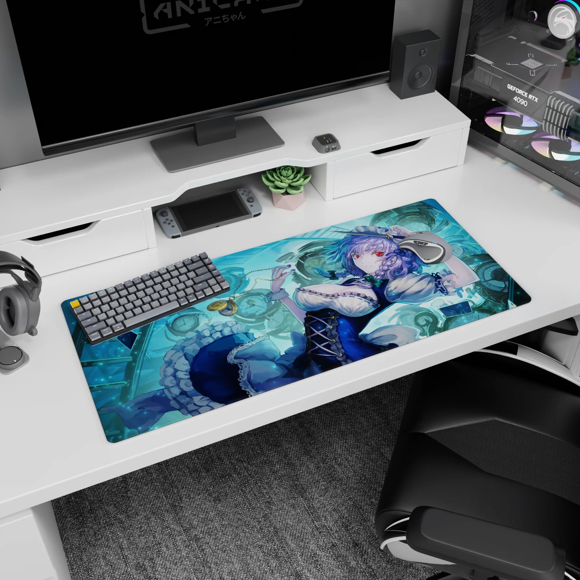 36x16 inches Touhou Sakuya Izayoi desk pad lounging with pocket watch, ticking clocks, and cards.
