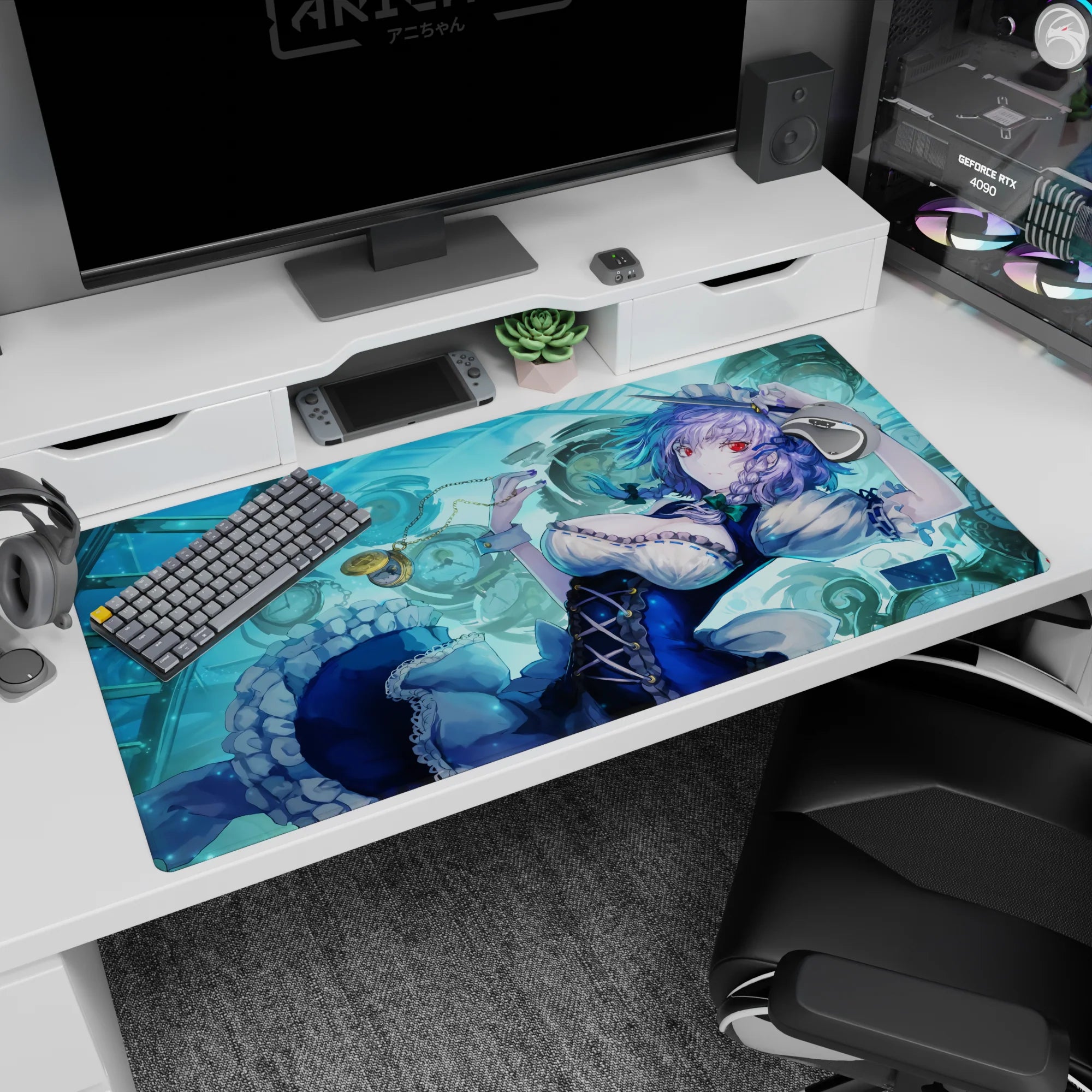 Sakuya Izayoi Touhou Project desk pad 40x20 inches, pocket watch and ticking clocks around her.
