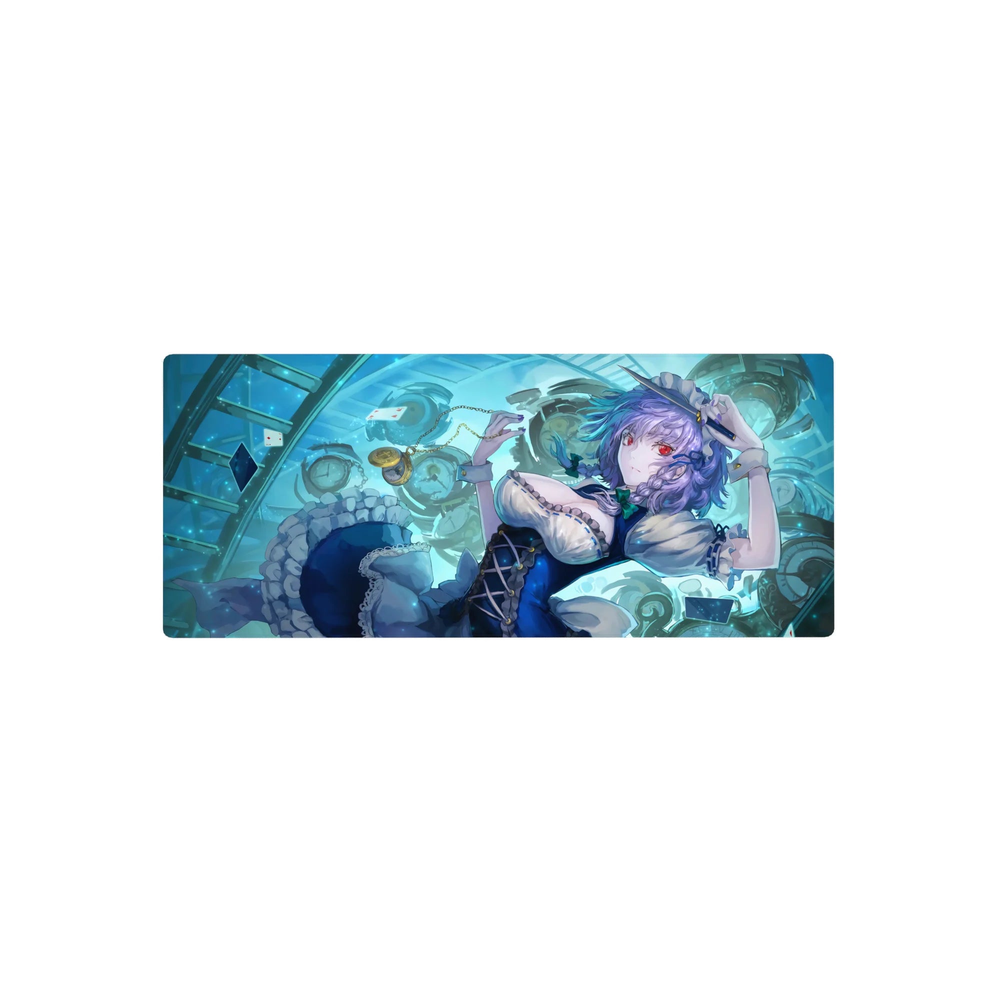 28x12 inches anime girl mouse pad with clock swirl, floating cards, navy dress and white frills design.