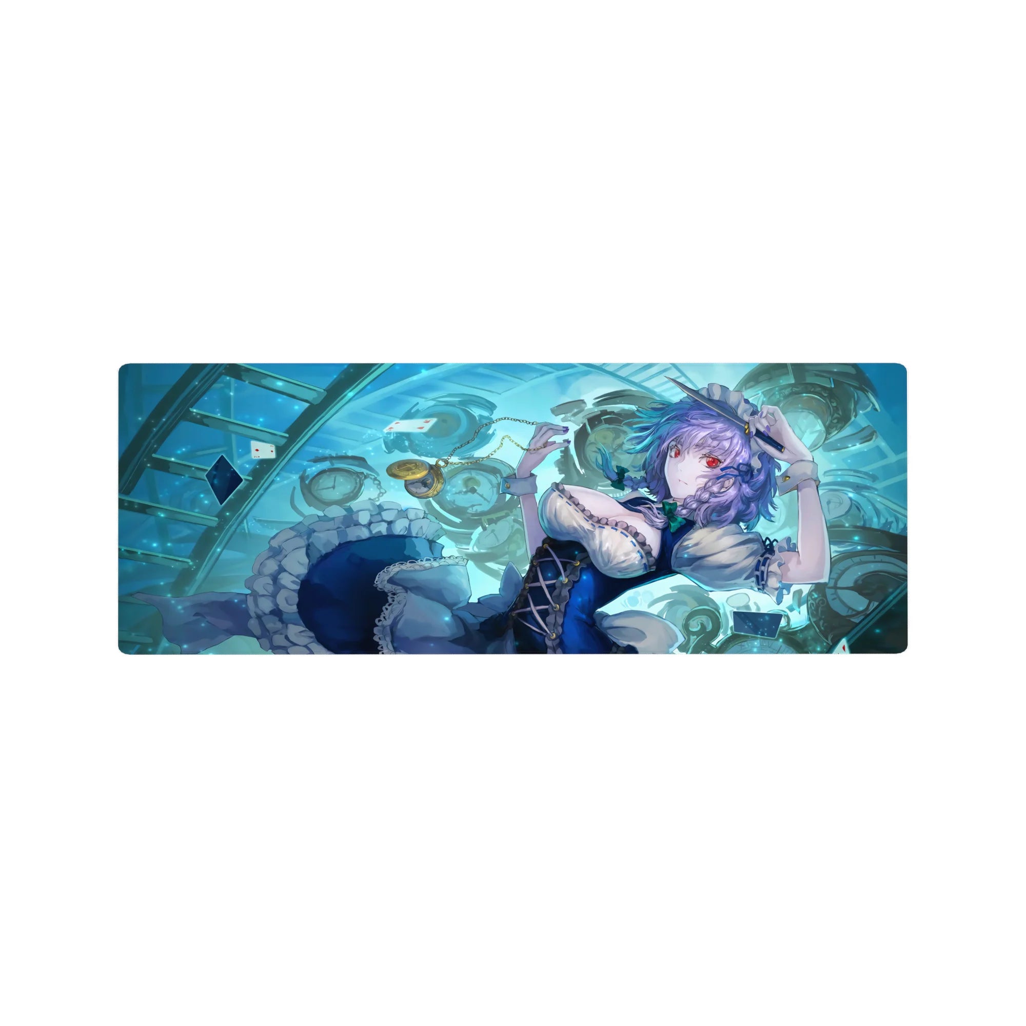 32x12 inches anime girl mouse pad with Sakuya Izayoi, clocks and floating cards, time-stop theme.