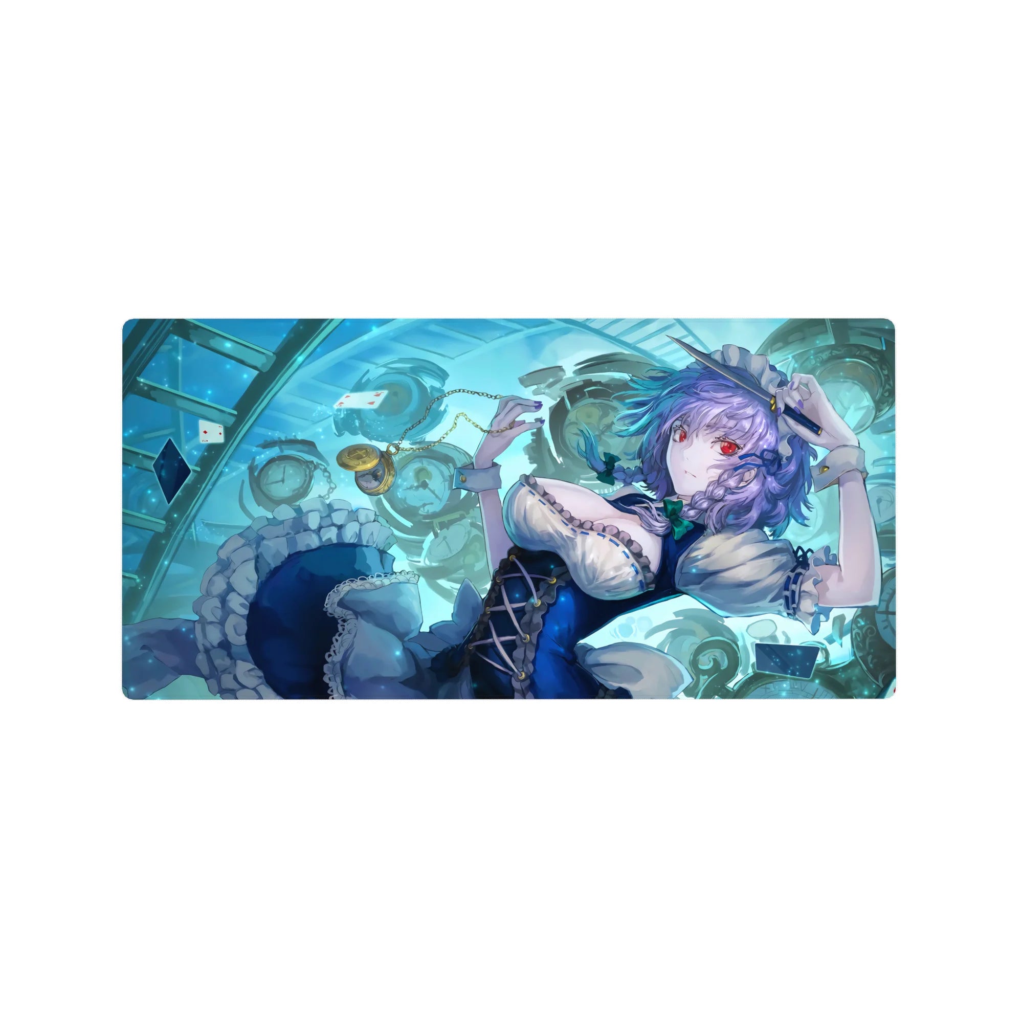 Anime girl mouse pad 32x16 inches with Sakuya and floating cards, clocks, and pocket watch details.