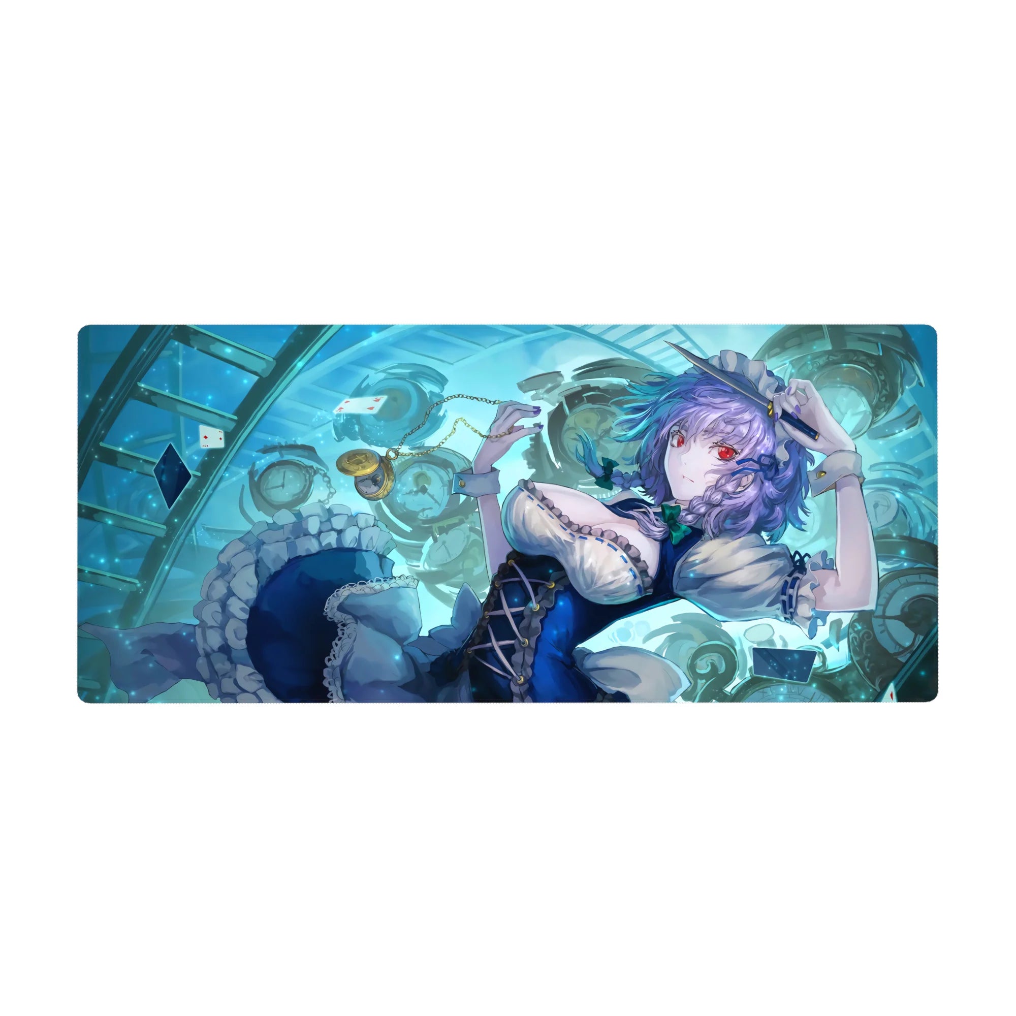 36x16 inches anime girl desk pad with clock swirl, floating cards, navy dress and white frills.