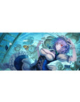 36x16 inches anime girl desk pad with clock swirl, floating cards, navy dress and white frills.
