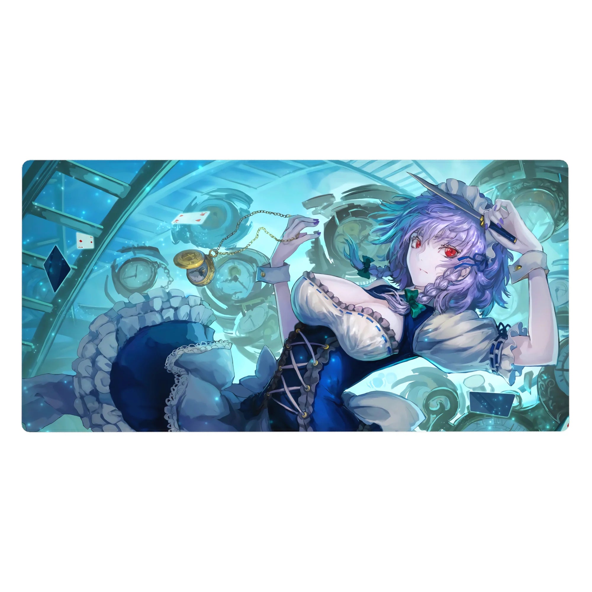 Anime girl desk pad 40x20 inches with clock swirl and floating cards, navy dress and white frills.