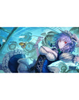 Anime girl desk pad 40x20 inches with clock swirl and floating cards, navy dress and white frills.