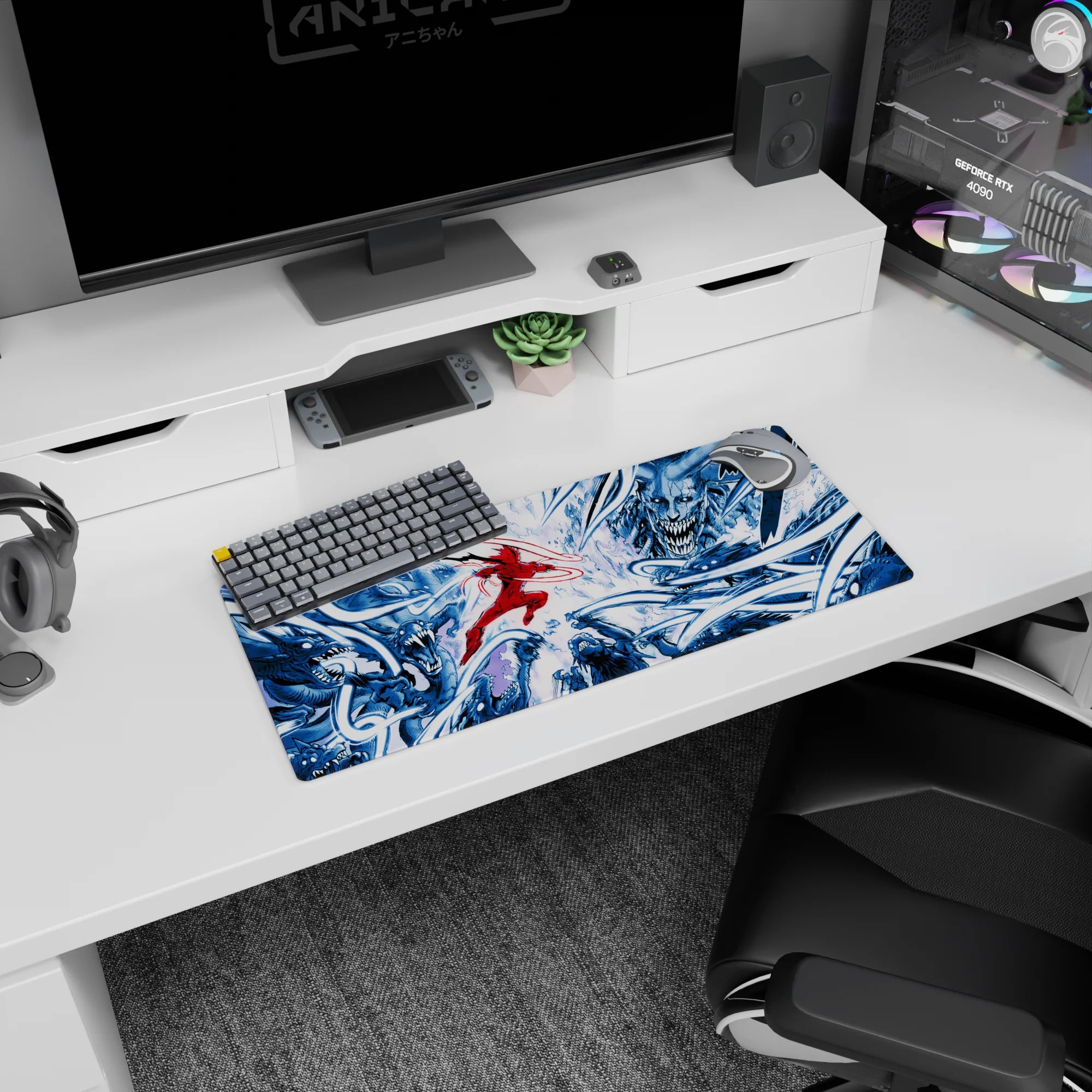 Anime mouse pad 28x12 inches featuring Rem from Re:Zero in a serene scene with blue sky and clouds, enhancing desk aesthetics.