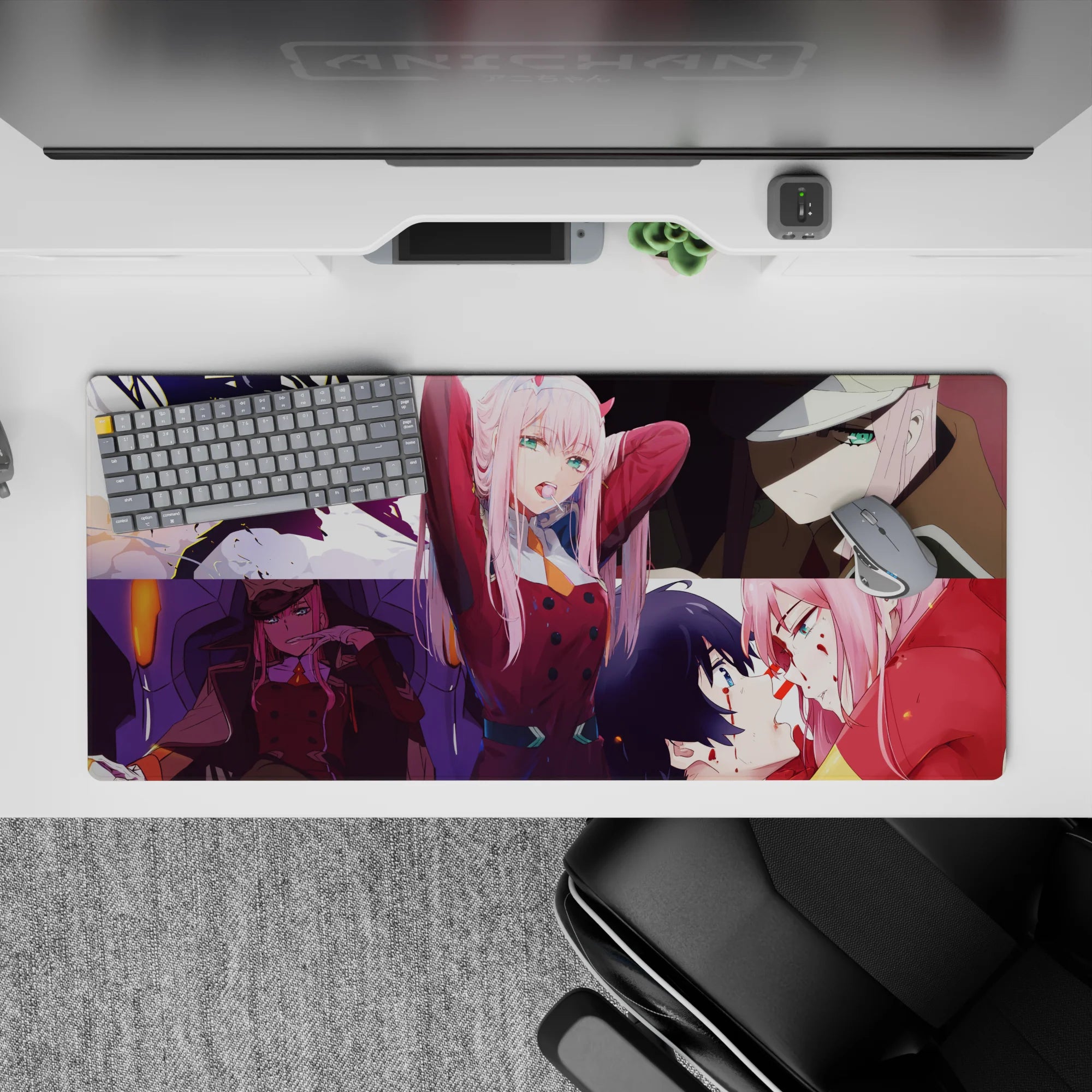 Cinematic 36x16 desk pad with Zero Two’s fiery strength, playful charm, and emotional depth for bold fan appeal