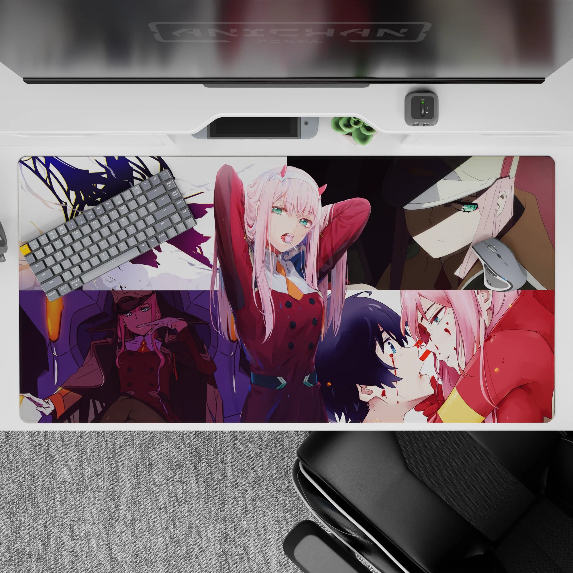 Cinematic 40x20 desk pad showcasing Zero Two’s fiery strength, playful charm, and emotional depth for true fans