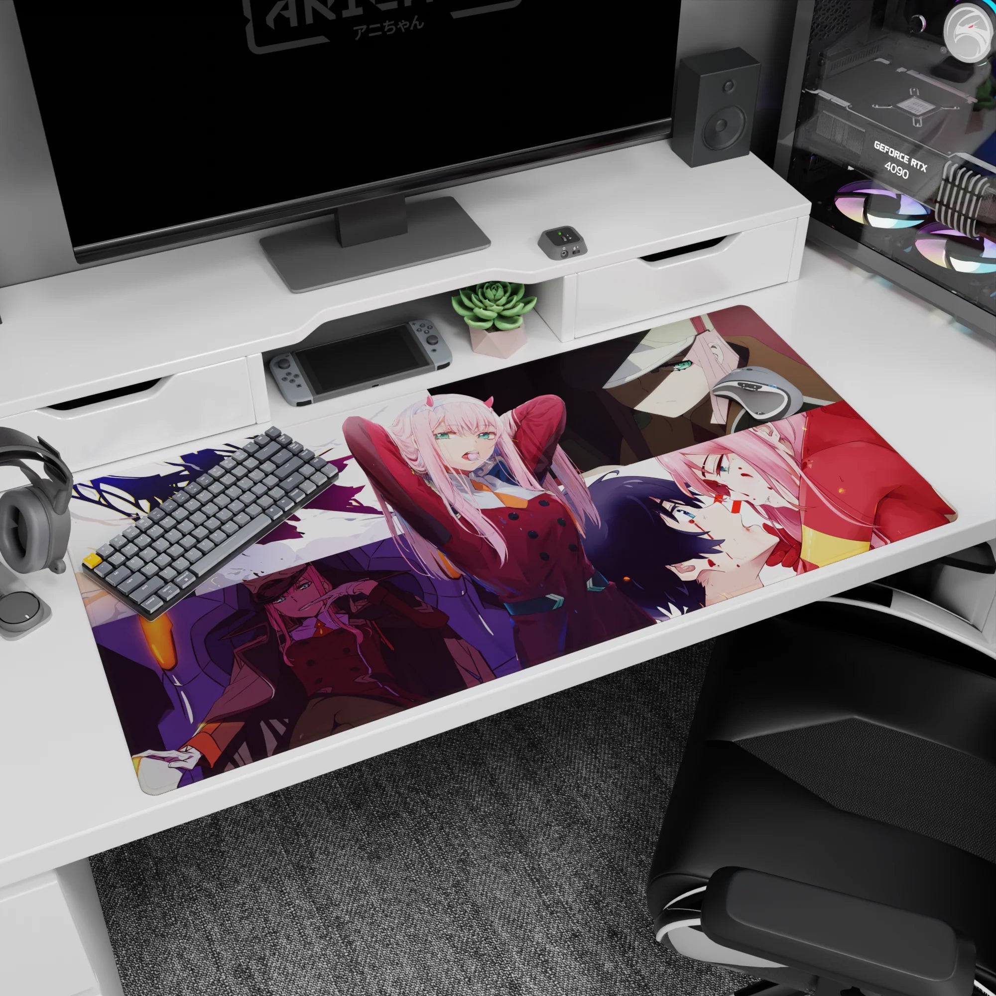 Bold 40x20 anime desk mat with Zero Two’s powerful presence, playful charm, and emotional depth for a statement piece