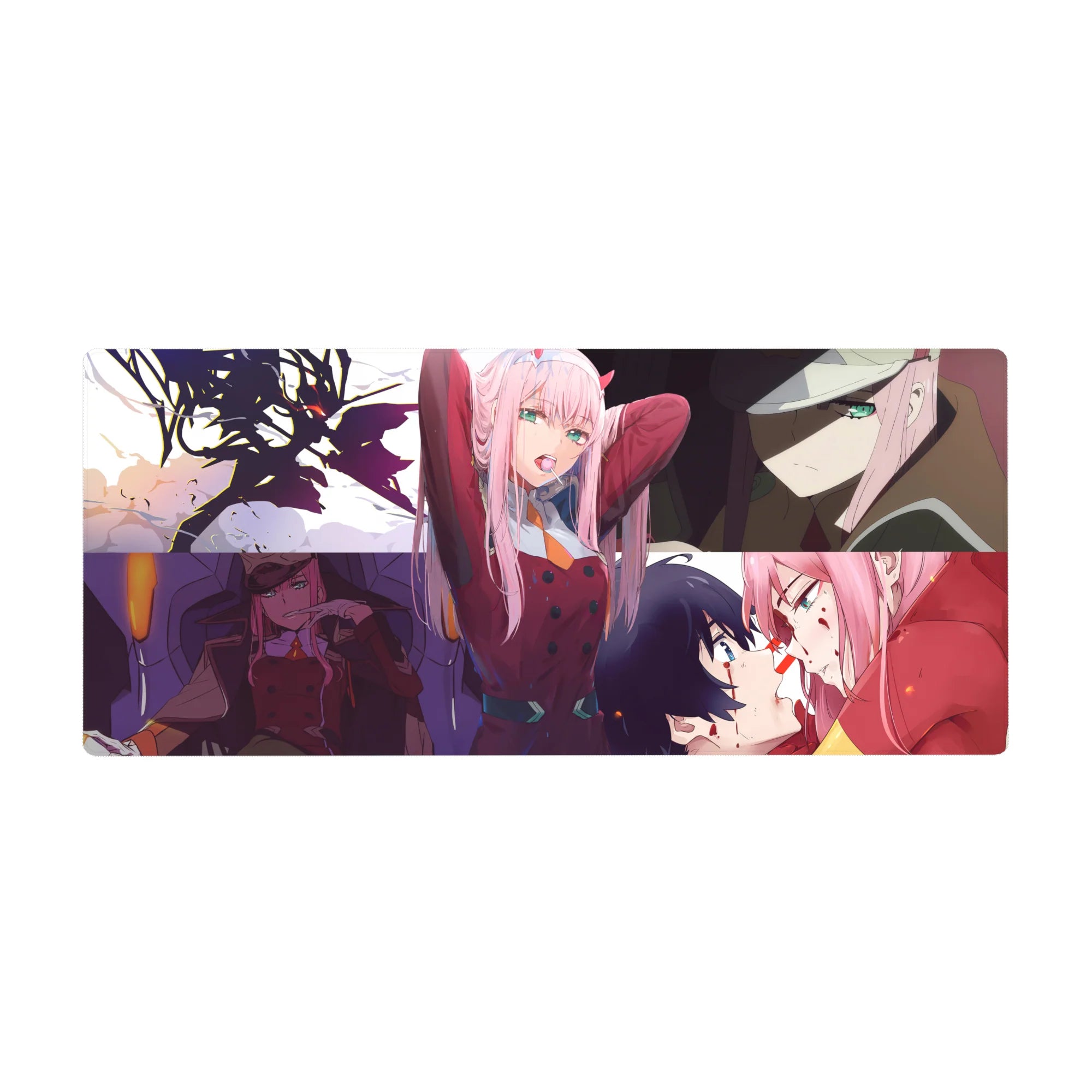 Zero Two 36x16 desk pad highlighting her fiery strength, playful charm, and emotional depth for a cinematic anime look