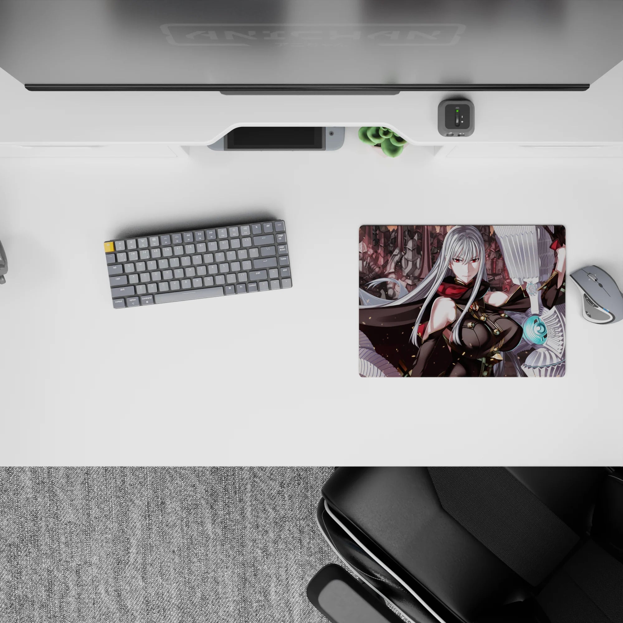 14x10 inches anime mouse pad in smoky reds and steel grays, cyan glow accents, dark sci-fi mood.