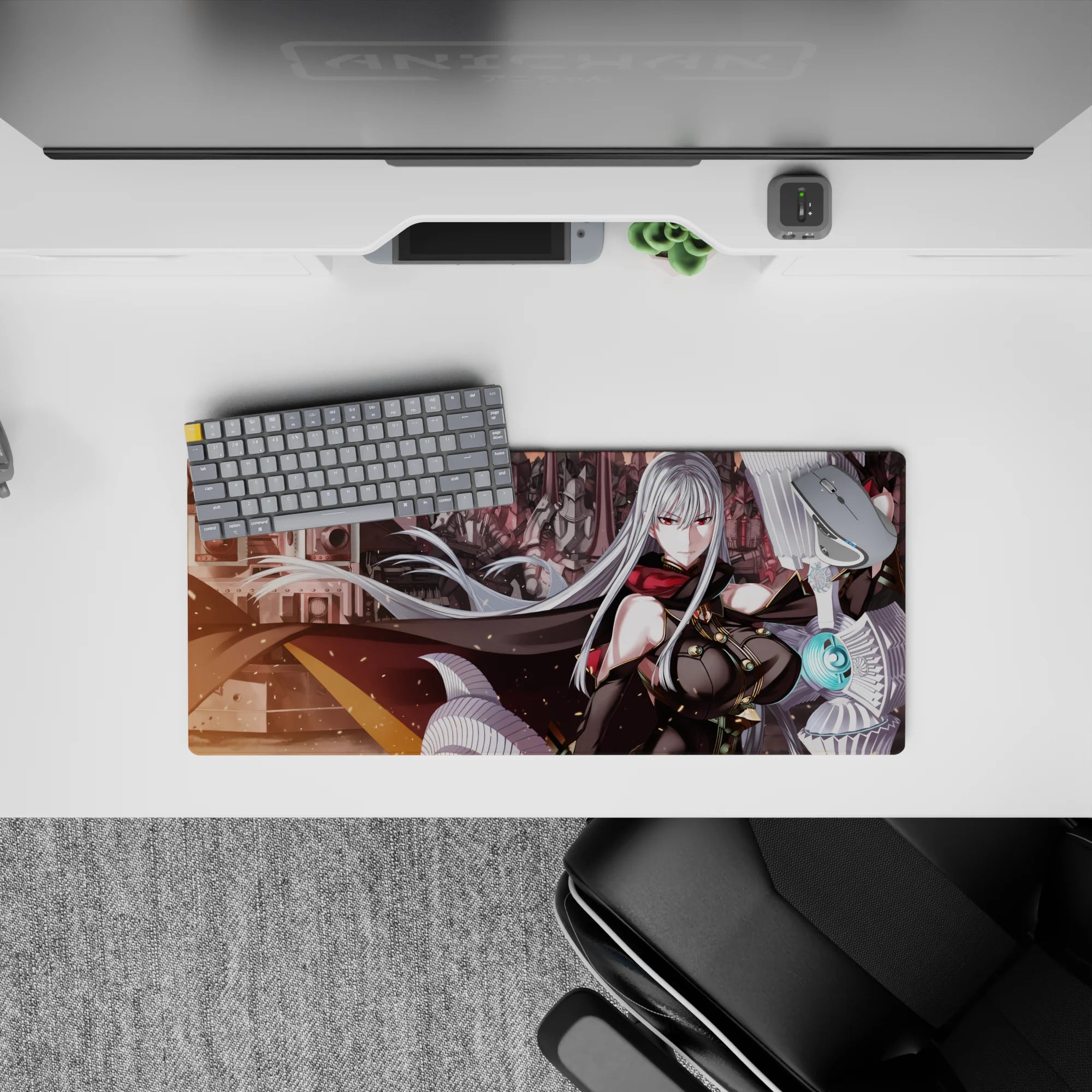 28x12 inches anime desk mouse pad in smoky reds and steel grays, with cyan glow and sharp sci-fi vibe.