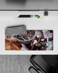 28x12 inches anime desk mouse pad in smoky reds and steel grays, with cyan glow and sharp sci-fi vibe.