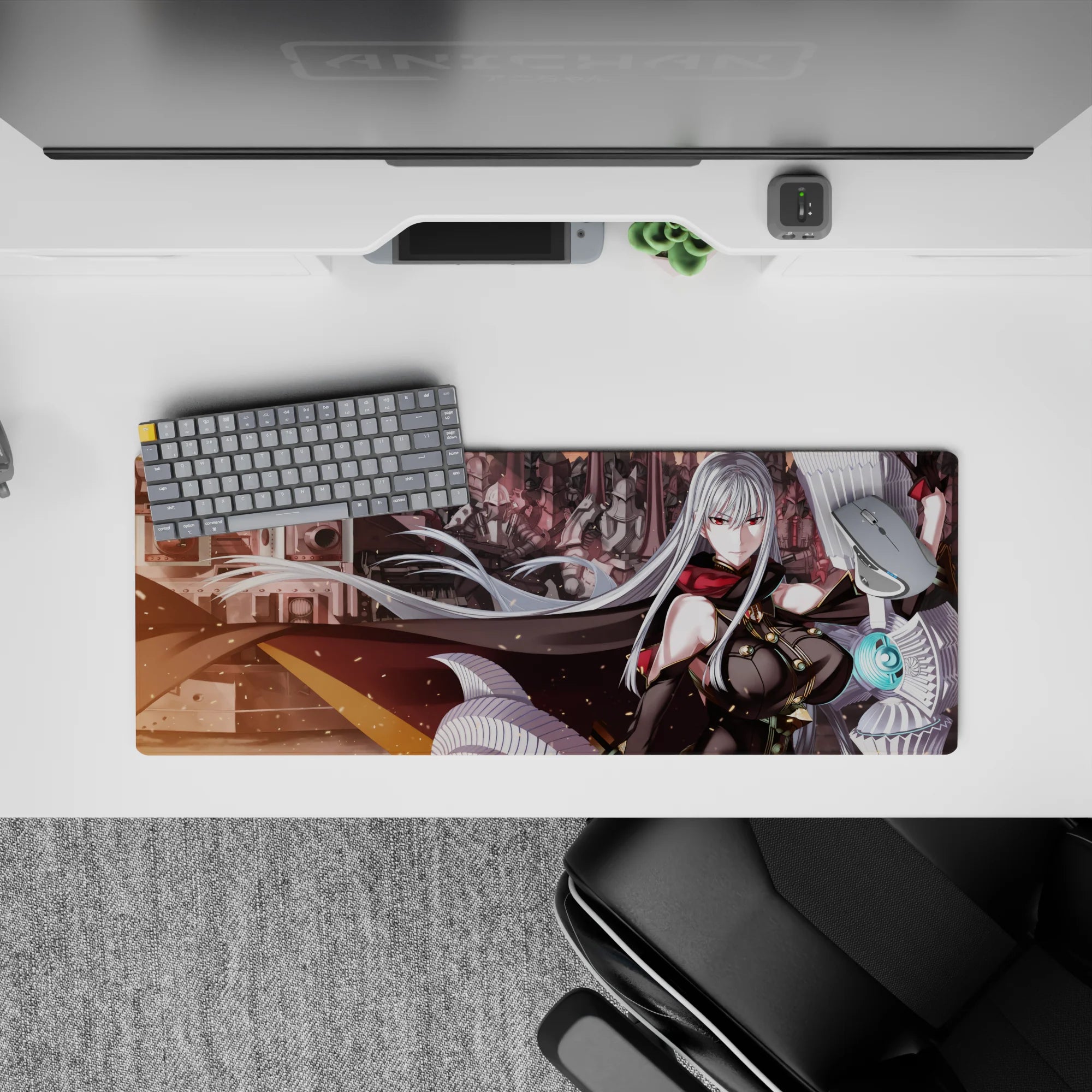 32x12 inches anime girl mouse pad in smoky reds and steel grays with cyan glow, dark cute sci-fi vibe.