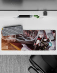 32x12 inches anime girl mouse pad in smoky reds and steel grays with cyan glow, dark cute sci-fi vibe.