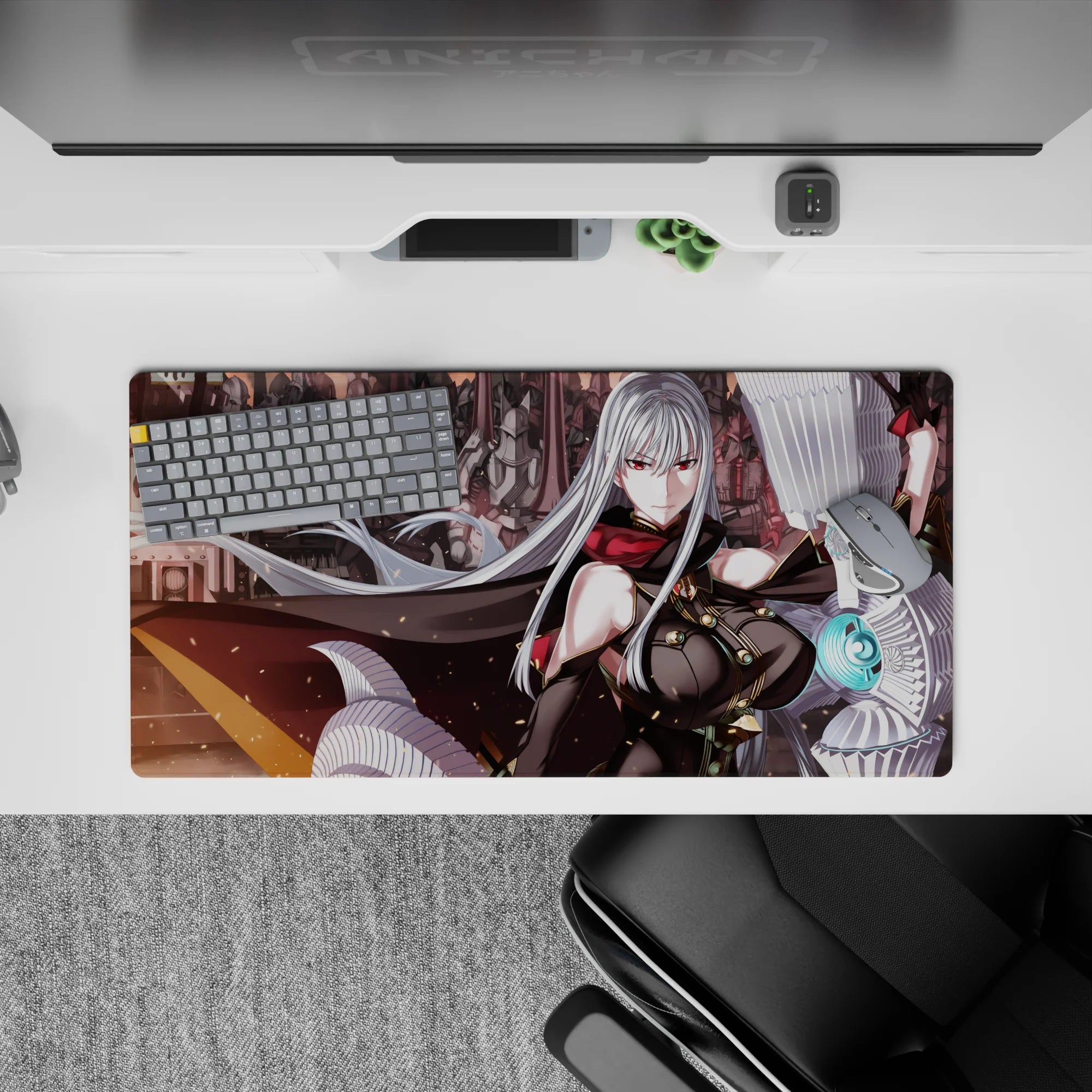 Anime girl mouse pad 32x16 inches in smoky reds and steel grays with cyan glow, bold sci-fi mood.