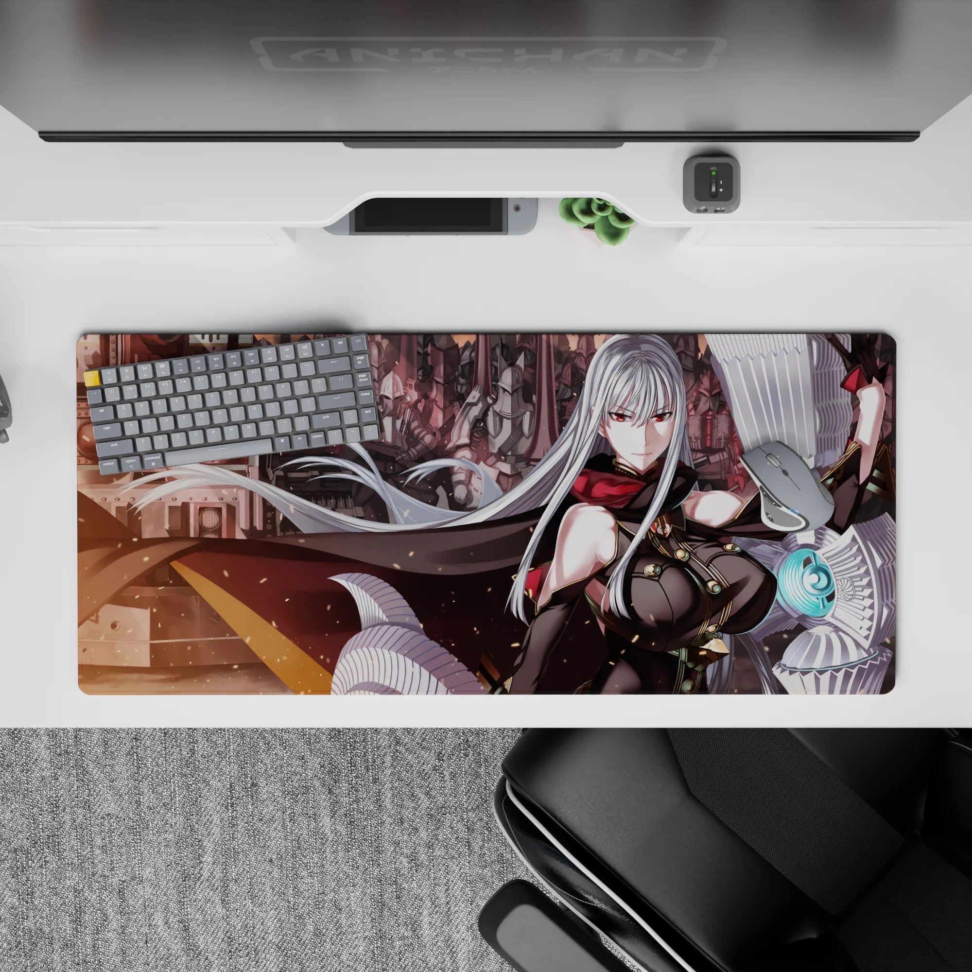 36x16 inches anime girl mouse pad in smoky reds and steel grays with cyan glow, bold cyber mood.
