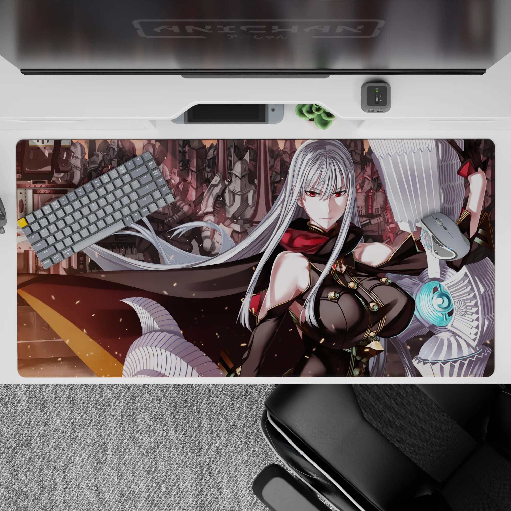 40x20 inches anime desk mat in smoky reds and steel grays, crisp white ribbons, intense sci-fi mood.