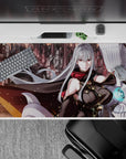 40x20 inches anime desk mat in smoky reds and steel grays, crisp white ribbons, intense sci-fi mood.