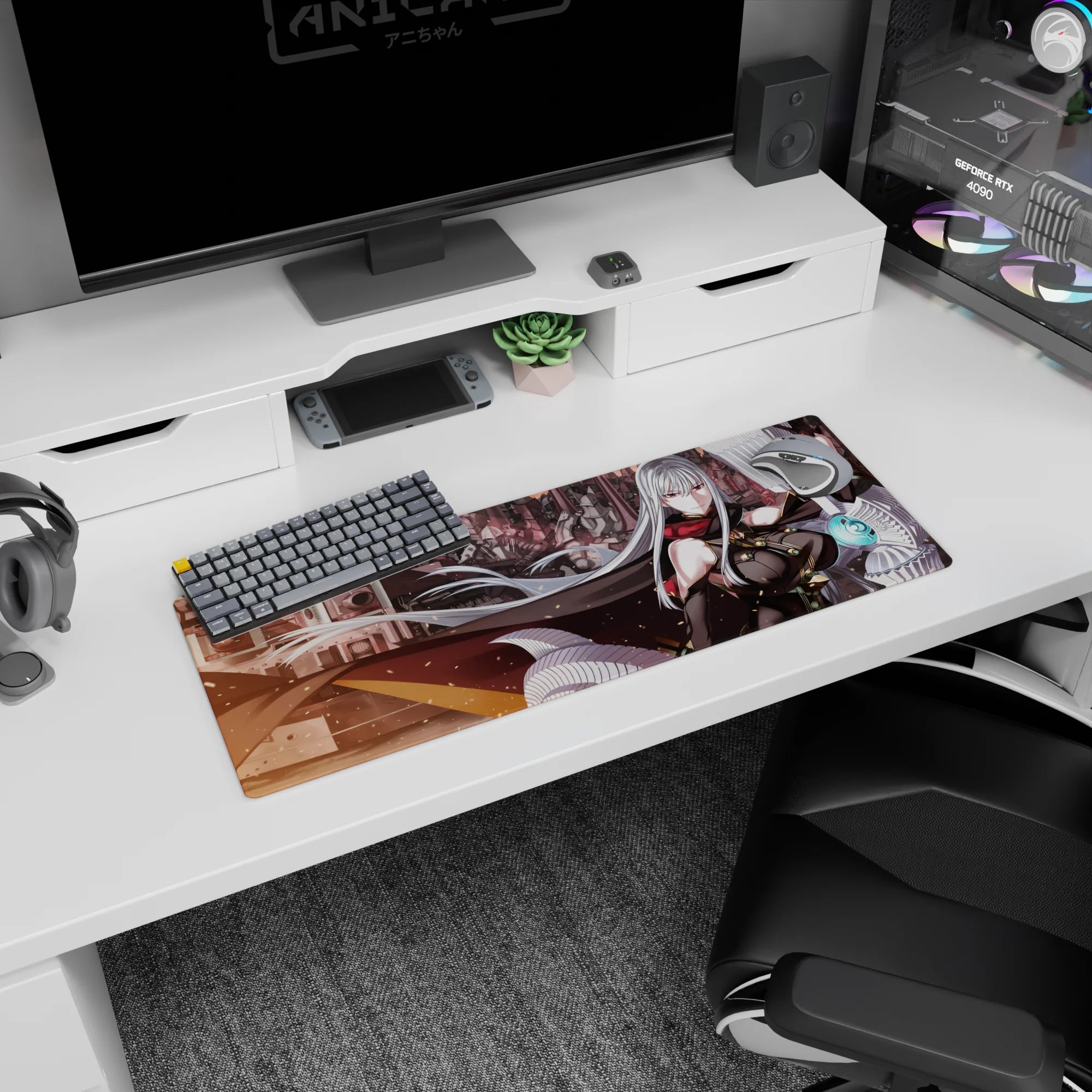 32x12 inches anime girl mouse pad showing cape-flaring red-eyed heroine before armored mechs, white ribbons.